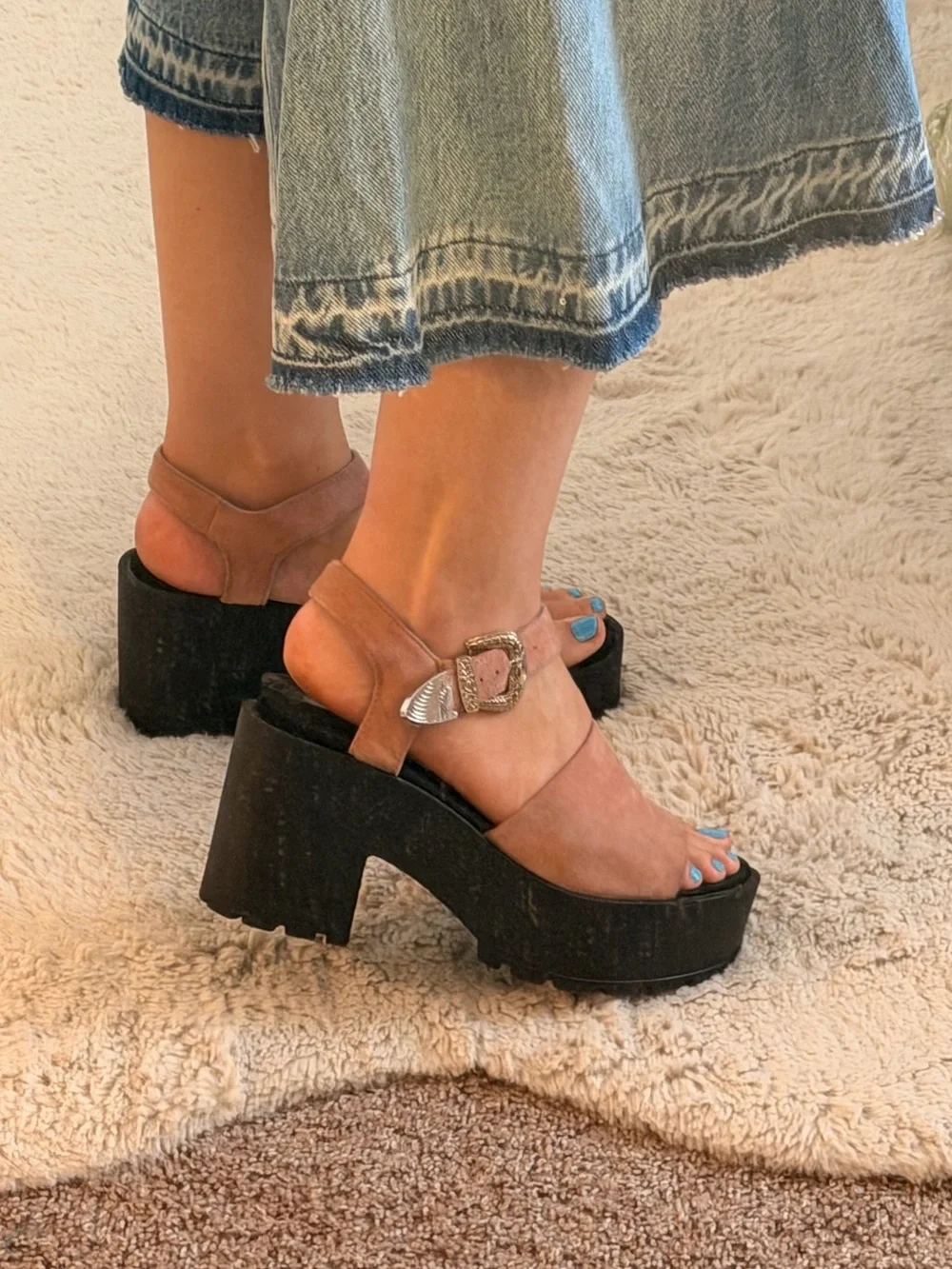 Light Pink Suede Platform Sandals with Western Buckle